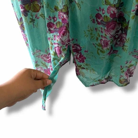 April Cornell Teal Cottage Rose Floral Print Button Down Tunic Top Boho Medium - Picture 11 of 13
